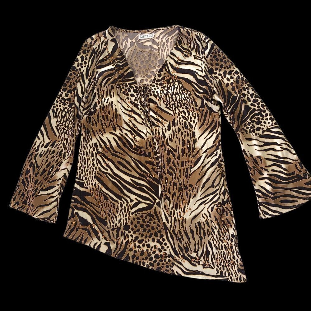 Vintage 90s Kaelyn Max Leopard Print Satiny Bell Sleeve Top Blouse Small
